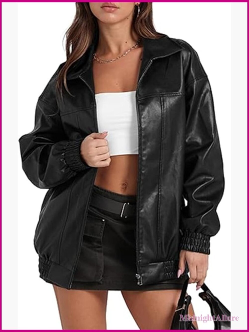 PU Faux Leather Bomber Jacket Long Sleeve Zip Up Loose Fit Lightweight